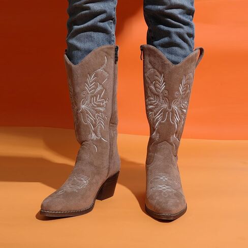 Cowboy Boots for Women Classic Embroidered Pointy Toe Cowgirl Boot, Western Mid Calf Side Zipper Chunky Heel Cowgirl Boots in Saudi Arabia