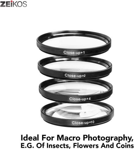 Zeikos 52mm 4 قطعة مرشح عن قرب عالي الوضوح (+1 ، +2 ، +4 و +10 diopters) ، حافة المعادن ، مجموعة التكبير ، مع علبة ديلوكس ومجموعة القماش الألياف المعجزة in Kuwait