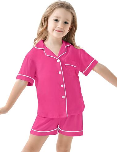 SWOMOG Unisex Girls Boys Modal Pajamas Set Button-Down PJs Short Sleeve Sleepwear Two-Piece Lounge Sets in Kuwait