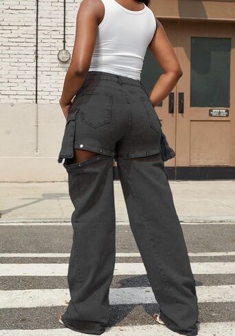 Vaceky Women's Cargo Jeans & Denim Shorts Baggy Straight Leg Patchwork Buttons Convertible Pants in Kuwait