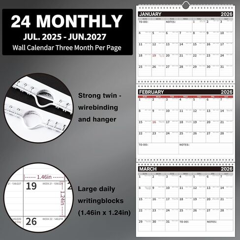 2025 Wall Calendar – Calendar 2025, Jan.2025 - Dec.2025, 3 Month Calendar Vertical Display, 11" x 26", Large Monthly Calendar, Lay- Flat - Classic Black in Kuwait