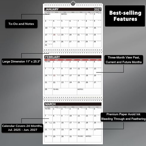 2025 Wall Calendar – Calendar 2025, Jan.2025 - Dec.2025, 3 Month Calendar Vertical Display, 11" x 26", Large Monthly Calendar, Lay- Flat - Classic Black in Kuwait