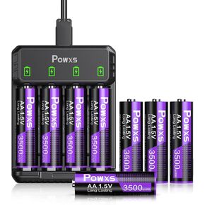 Powxs Rechargeable AA Batteries with Charger, 1.5V Lithium Rechargeable AA Batteries 3500mWh for Blink Camera, 8-Pack & Fast USB Charger, 2000 Cycles
