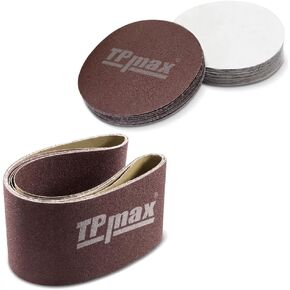 6 Pcs 6 x 48 Inch 80 Grit Aluminum Oxide Sanding Belts & 18 Pcs 10 Inch NO-Hole PSA Sanding Discs