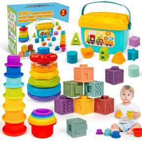 Montessori Baby Toys for Ages 6–18 Months with Sensory Shape Sorter Matching Game Toy Stacking Ring Soft Building Blocks Developmental Learning Toys for Toddlers 1+ Year Old