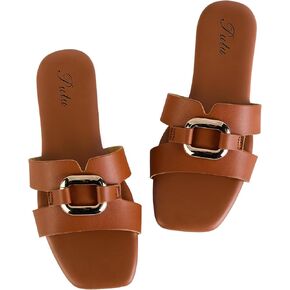 Putu Women's Flat Sandals Square Open Toe Slide Sandals Casual Summer Sandals with Metallic Buckle in Kuwait