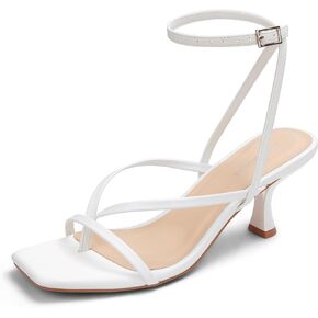 Women's Kitten Heel Strappy Open Square Toe Thong Ankle Strap Heels for Wedding