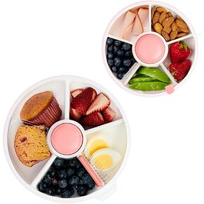 GoBe Kids Coral Pink Small and Large Snack Spinner Bundle with Hand Strap and Sticker Sheet - Reusable Snack Container with 5 Compartment Dispenser and Lid | BPA and PVC Free | Dishwasher Safe