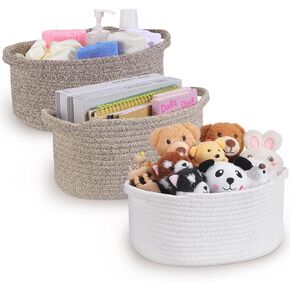 Zopeal 3 Pack Shelf Storage Baskets for Organizing, Woven Closet Organization Storage Bins, Empty Gift Toy Baby Nursery Cotton Rope Basket for Living Room Decor, 12''x8''x5'', White Mixed Brown