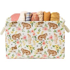 Easter Floral Bunny Rectangle Storage Basket 15 x 10.2 x 9.4 Inch Foldable Open Toy Organizer Bag with Handle Flower Rabbit Large Laundry Dirty Cloth Storage Bin for Bedroom Shelves Closet