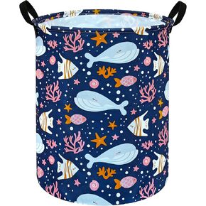 DUYIY Round Baby Laundry Storage Basket Organizer with Handles, Blue Whale