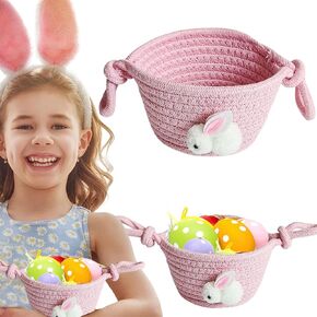 Bunny Woven Baskets Easter Pink Mini Baskets White Rabbit Egg Basket Cotton Rope Basket Trays Desktop Storage Organizer Desktop Storage Baskets for Easter Nursery Egg Hunt Party Gifts