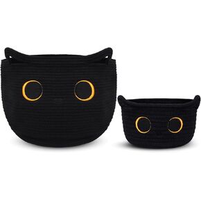 Storage Baskets for Organizing, Black Cat Cotton Rope Baskets Set Woven Blasket for Nursery, Blanket Basket Organizer Toy Basket for Gifts Cat Dog Bin Toys - Pack of 2