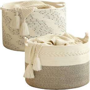 KAKAMAY Large Cotton Rope Blanket Basket (20"x13"),Woven Baby Laundry Hamper，Blanket Basket for Nursery, Laundry, Living Room, Pillows, Toys （White/Beige）