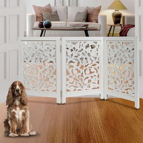 ECO CRAFT Antique White Wooden Tall Indoor Dog And Pet Gate (54"W x 24"H) Stylish 3 Panel Freestanding Solid Wood Foldable Gate For Doorways, Stairs Home Use