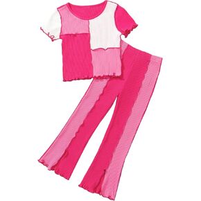 SOLY HUX Toddler Girl's Pant Sets 2 Piece Outfits Color Block Short Sleeve Rib Knit Top and Flare Leg Pants Set