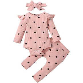 Newborn Baby Girl Clothes Valentine's Outfits Infant Romper Ruffle Heart Print Floral Pants Cute Toddler Baby Girl Clothes Set 3PC