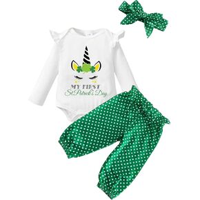 Baby Girl My First St Patricks Outfit - Newborn Shamrock Clover Long Sleeve Romper Pants Headband Cute Clothes Set