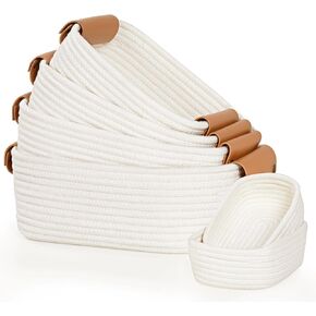 Storage Basket Set of 6 - 4 with Leather Handle & 2 Small Gift Baskets - Woven Storage Cotton Rope Basket for Organizing, Rectangle Bins for Shelves, Nursery, Dog Toy, Bathroom