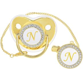 Bling Personalized Golden Baby Pacifier with Pacifier Clips and Anti-dust Cover A-Z 26 Letters(Gold,N)