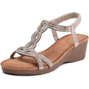 Wojwski Wedge Sandals for Women Bohemia Rhinestone Open Tee Roman Heel Summer Summer Wime Women’s Beach Shoes