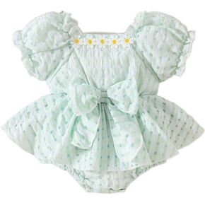 Newborn Baby Girl Summer Outfit Floral Daisy Puff Short Sleeve Square Neck Bow Dress Romper