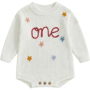 Honganda Infant Baby Girl First Birthday Romper Sweater Long Sleeve One Flower Embroidery Knit Onesie Fall Winter Outfit