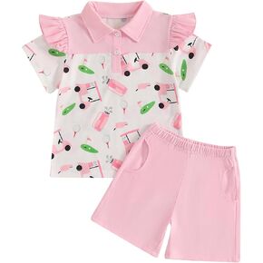 Toddler Baby Girl Golf Outfit Summer Lapel Collar Ruffle Short Sleeve Button T-shirt Shorts Pants Set 2Pcs Golfing Clothes