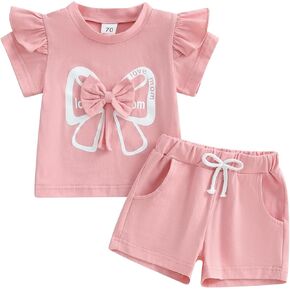 Toddler Baby Girl Clothes Summer 3D Bow Ruffle Short Sleeve T-shirt Shorts Pants Set Infant Girls 2PCS Outfit