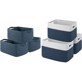 OIAHOMY Cotton Rope Woven Baskets for Storage, Nursery Rectangle Storage Basket with Handles for Shelves, Pack of 3, Blue Storage Basket, Woven Baskets for Storage, Cotton Rope Basket for toys