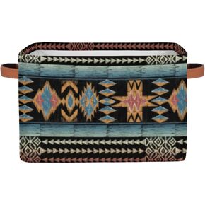 Boho Style Brown Ethnic Painted Square Storage Basket, Fabric Storage Bin with Leather Handles Aztec Pattern Collapsible Storage Bin Nursery Hamper for Organizing Toys, Clothes, Books, Gift Baskets