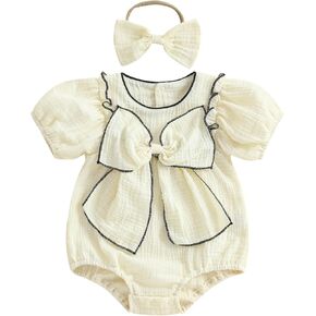 Newborn Infant Baby Girl Summer Outfit Bow Cotton Linen Short Sleeve Smocked Bubble Romper Bodysuit with Headband