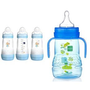 MAM Easy Start Matte Anti-Colic Baby Bottles, 9 oz (2 Count) & Plastic Trainer Cup (1 Count), 8 oz. Trainer Drinking Cup with Extra-Soft Spout
