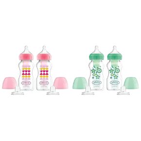 Dr. Brown's Anti-Colic Options+ Wide-Neck Sippy Bottle Starter Kit, 9oz, Level 3 Nipple & Silicone Sippy Spout, 2 Pack, Pink & Green, 6m+