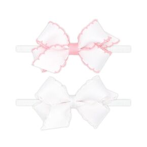 Wee Ones Girls' GIFT PACK Two Mini Moonstitch Grosgrain Bows on Skinny Nylon Band, Mini, Light Pink and White