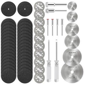 60Pcs Cutting Wheel Set for Rotary Tool, 6 Pcs HSS Circular Saw Blades, 36Pcs Resin Cutting Discs, 10Pcs 545 Diamond Cutting Wheels, with 2 Screwdrivers