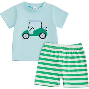 Toddler Baby Boy Golf Outfit Short Sleeve Golf Embroidery T Shirt Elastic Waist Striped Shorts Set Summer Clothes