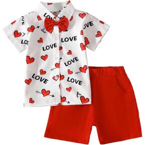 Kids Toddler Baby Boy Valentines Outfit Love Heart Short Sleeve Gentleman Button Shirt Bib Shorts Valentine Clothes