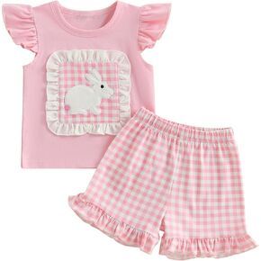 Beqeuewll Toddler Baby Girls Girls Summer Closy Bunny Short Sleeve Shirt Shirt Plaid Shirts 2pcs مجموعات الفتيات in Kuwait