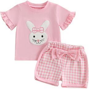 BeQeuewll Toddler Baby Girls Summer Clothes Bunny Short Sleeve Ruffle Shirt Plaid Shorts 2Pcs Girls Outfits Sets