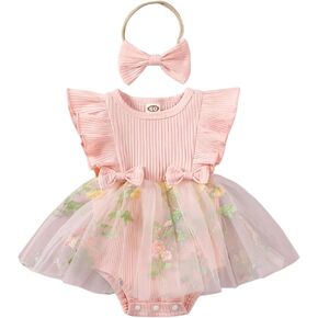 Newborn Baby Girl Tutu Romper Dress Infant Party Sleeveless Ruffled Flower Embroidery Lace Tulle Princess Skirt Headband Set