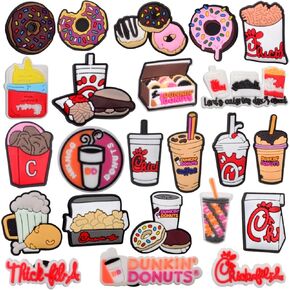 23pcs Fast Food Dessert Shoe Charms Bulk Dounkin Donuts Snacks Charm Shoes Clips Croc Clogs Decoration Accessories for Adults Men Women Teenages School Holiday Party Gifts