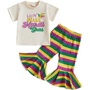 GOOCHEER Toddler Baby Girl Mardi Gras Outfit Little Miss Mardi Gras Short Sleeve T Shirt and Striped Flared Pants