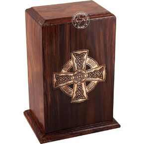 Rosewood Wooden Cremation Urns for Human Ashes Adult - Handcrafted Funeral Memorial Ash Storage Urn - Burial Columbarium (Pine Cross, 250 Cubic Inches)