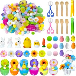 303 Pcs Easter Sensory Bin Filler Fine Motor Toys Include Pompom Easter Eggs Resin Bunnies Resin Chicken Figurines Flowers Clip Tweezers Spoon Shovel Basket for Easter Party Sorting Counting Training