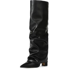 SaraIris Women's Knee High Boots Slouchy Black Fold Over Pointed Toe Chunky High Heeled Shark Boots for Women