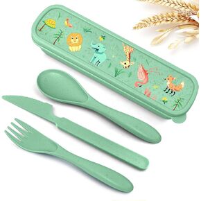 Teivio Plastic Wheat Straw Portable Travel Utensils Set for Kids, Reusable Flatware-Forks Spoons Knives for School Camping with Cute Whales Pattern Storage Case (Deep Royal)