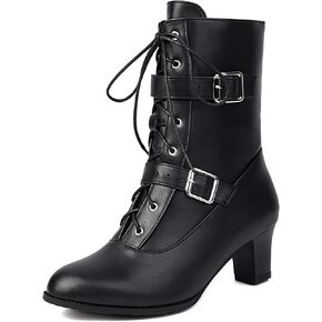 Women Short Ankle Boots Lace Up Bukle Boots Side Zipper Victorian Booties Kitten Heel