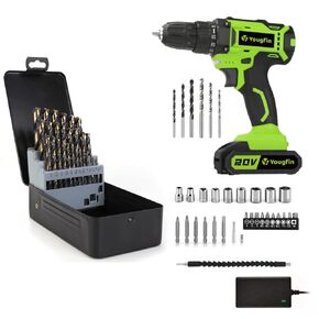YOUGFIN Carbide Drill Bits - 29 Pieces High Speed Steel Drill Bit Set with 20V Power Drill Kit with Battery and Charger, 3/8 inch Keyless Chuck