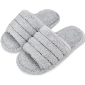 Rosoz Women's Soft Plush Fuzzy Slippers Memory Foam Anti-Skid Sole House Shoes Indoor Outdoor Open Toe Sandals